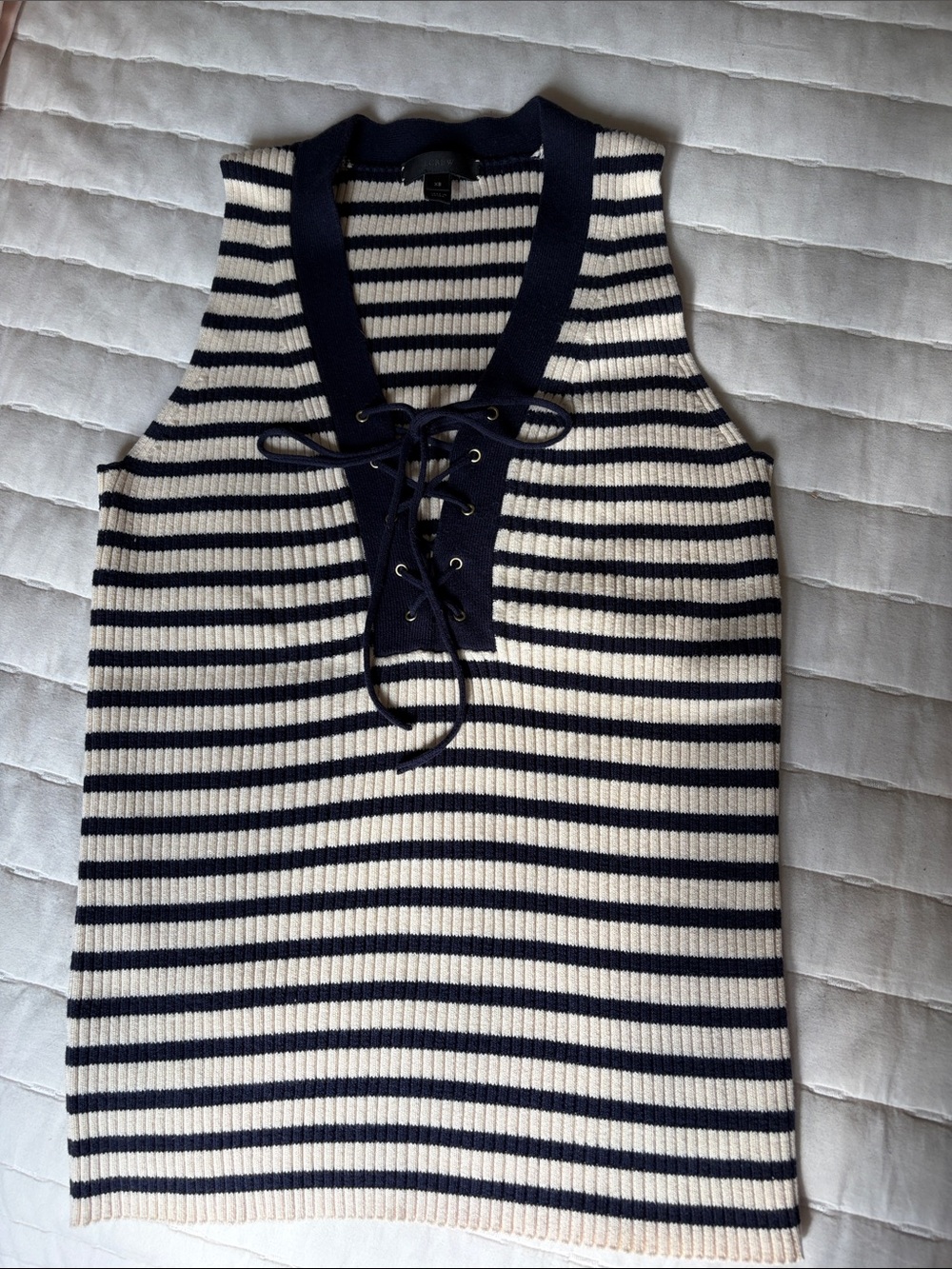 J. Crew Navy and Cream Lace-Up Striped Ribbed Sweater Tank